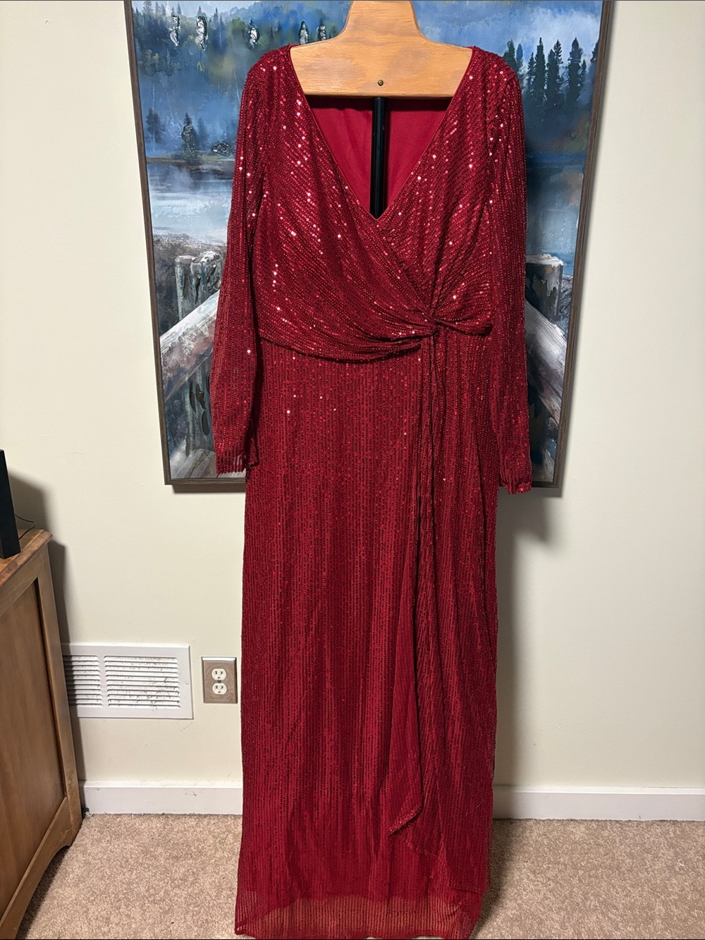 Red Sequin Wrap-Style Long Sleeve Maxi Dress